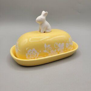 Rare Rae Dunn Magenta Exclusive Yellow Ceramic Butter Dish Bunny Knob Floral
